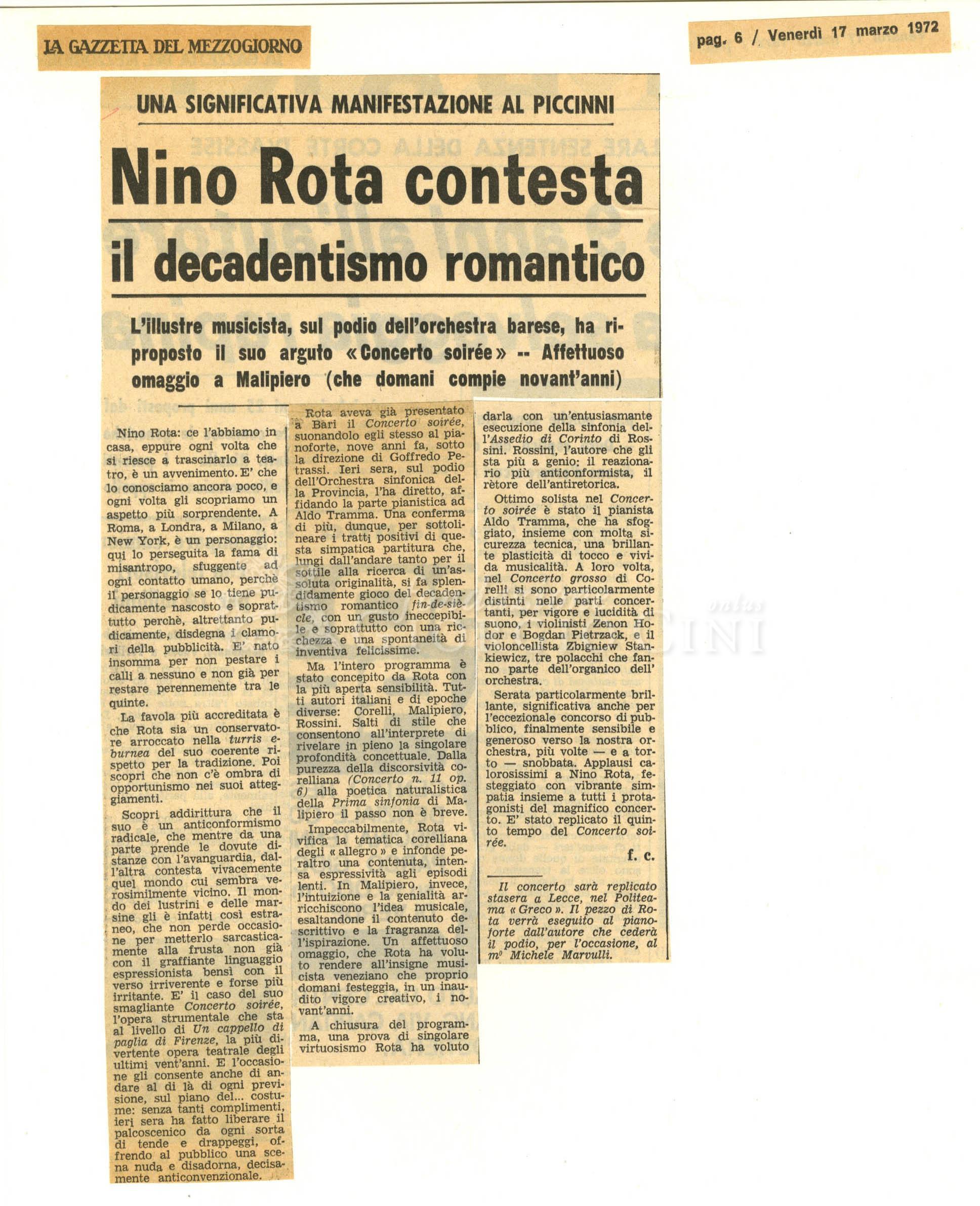 Una significativa manifestazione al Piccinni. Nino Rota contesta il decadentismo romantico
				 17 marzo 1972