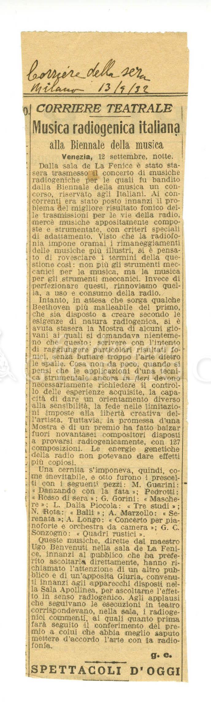 Musica radiogenica italiana alla Biennale della musica
				 [13 settembre 1932]