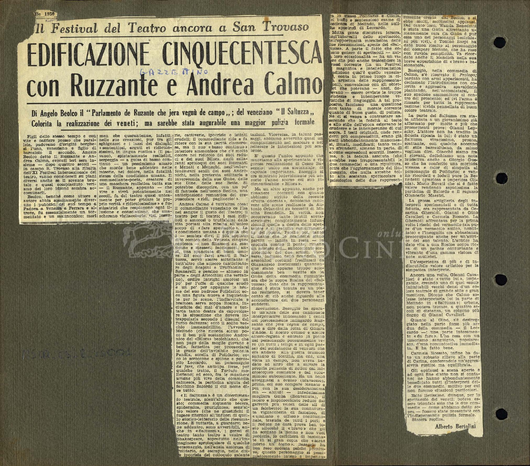 Edificazione cinquecentesca con Ruzzante e Andrea Calmo
				 : Il Festival del Teatro ancora a San Trovaso 1950