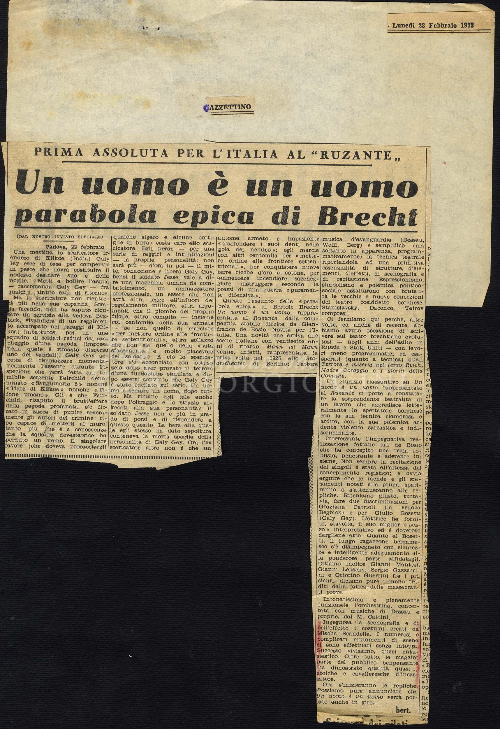 Un uomo è un uomo parabola epica di Brecht
				 : Prima assoluta per l'Italia al 