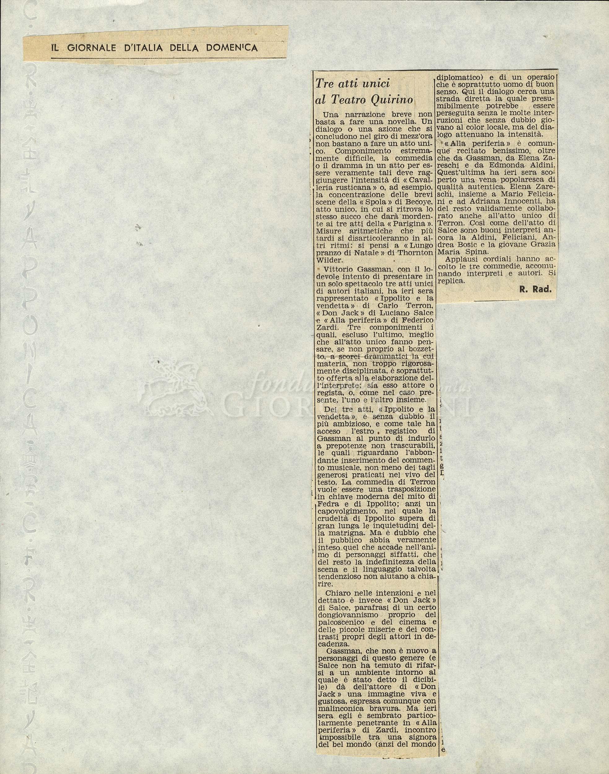 Tre atti unici al Teatro Quirino
				 marzo 1958