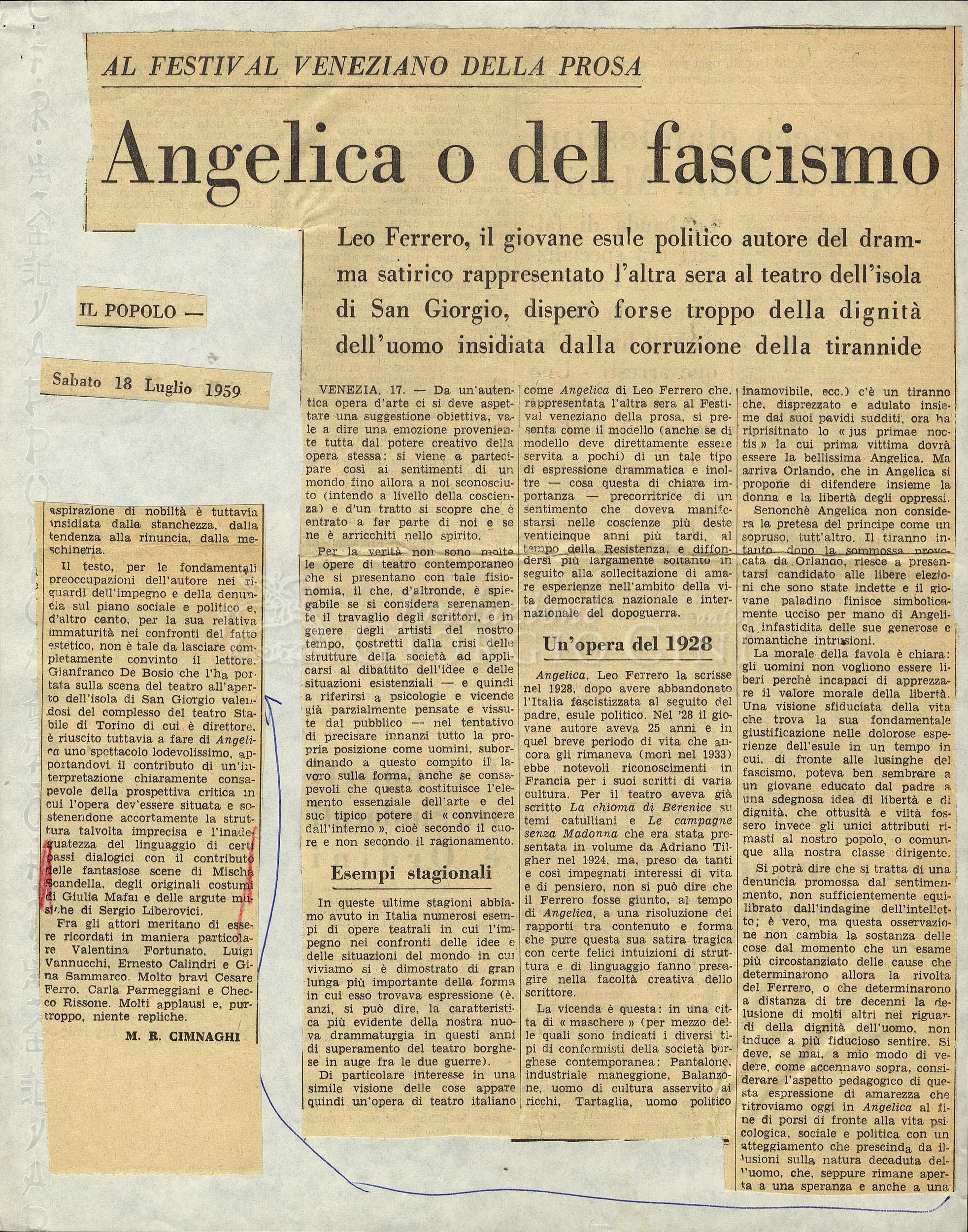 Angelica o del fascismo
				 : Al Festival veneziano della prosa 18 luglio 1959