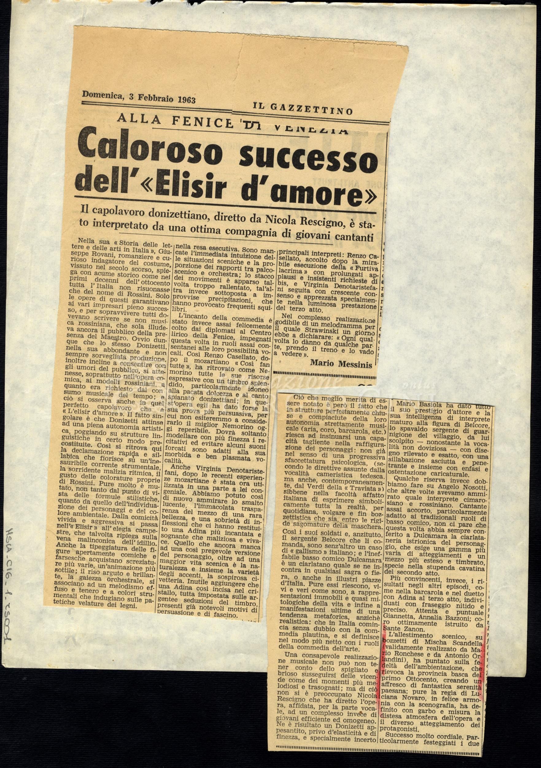 Caloroso successo dell'«Elisir d'amore»
				 : Alla Fenice di Venezia 03 febbraio 1963