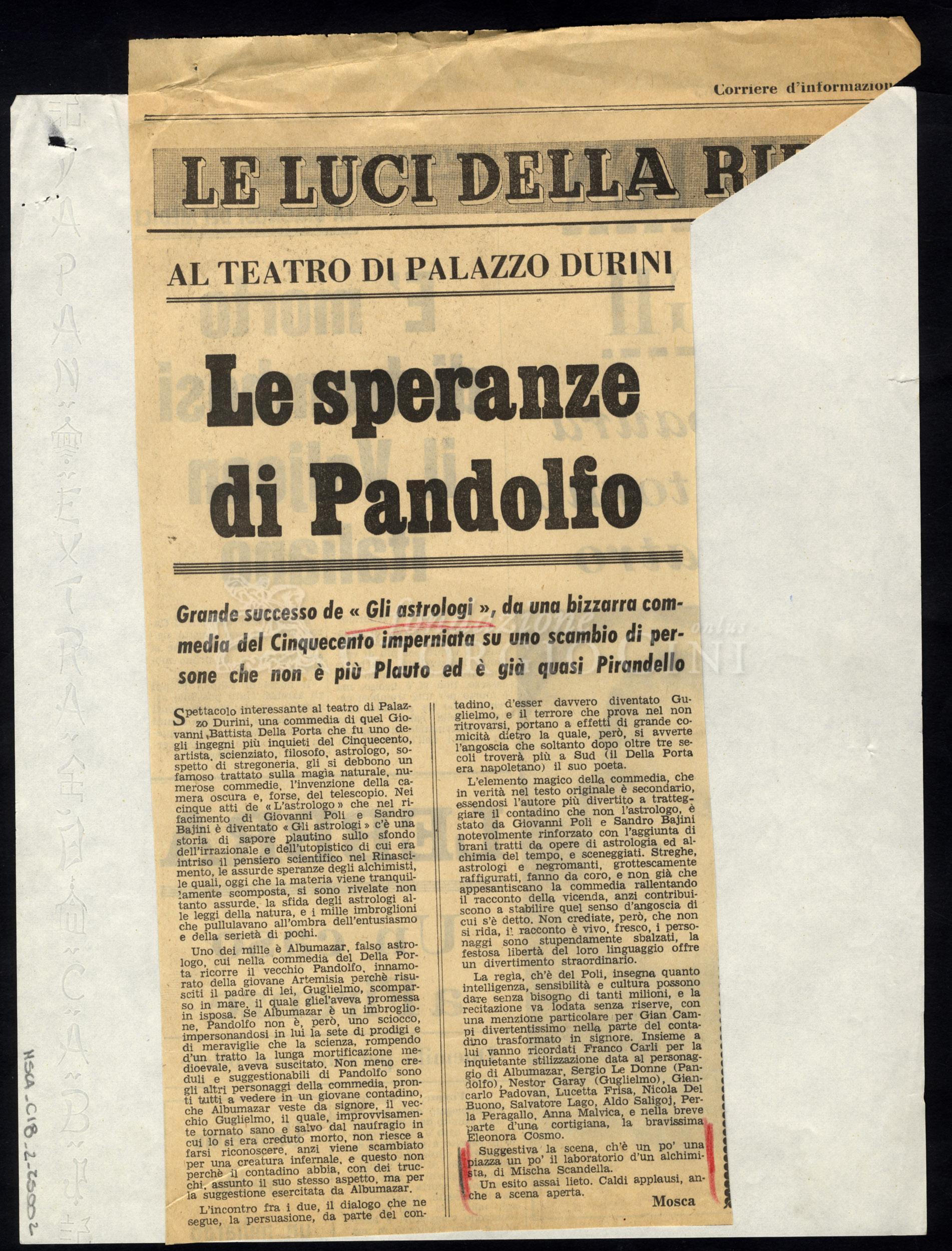 Le speranze di Pandolfo
				 : Al Teatro di Palazzo Durini 04 febbraio 1965
