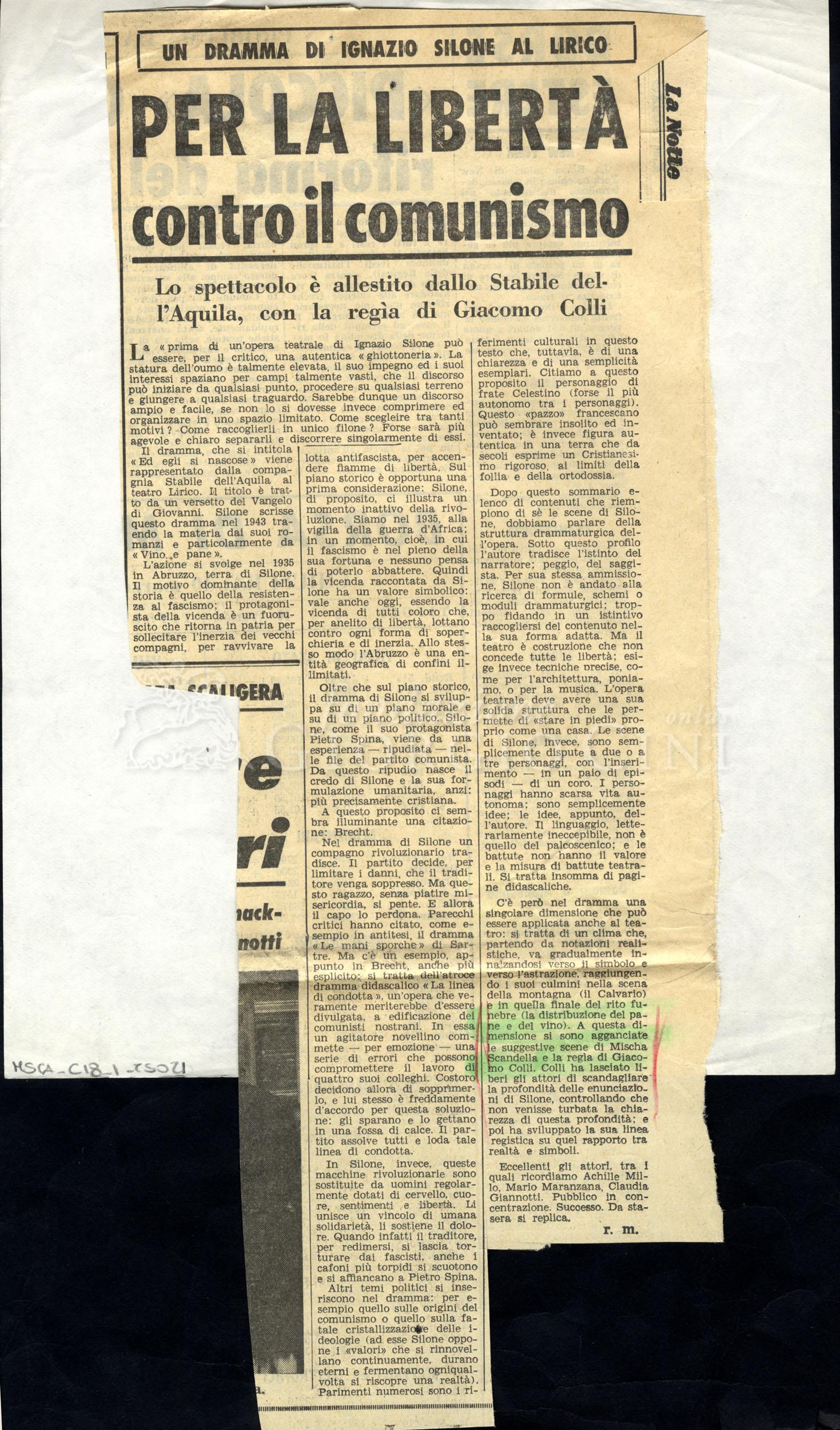 Per la libertà contro il comunismo
				 : Un dramma di Ignazio Silone al Lirico marzo 1966