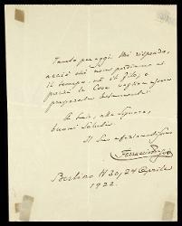  Lettera di Ferruccio Busoni a Alfredo Casella, Berlino 24 aprile 1922