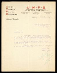 Lettera dell'Union Musicale Franco Espagnole a Alfredo Casella, Parigi 14 aprile 1930