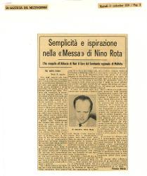 Semplicità e ispirazione nella 'Messa' di Nino Rota
				 : L'ha eseguita all'Abbazia di Noci il Coro del Seminario regionale di Molfetta 01 settembre 1964
