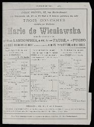  Parigi, Salle Pleyel. Trois Concerts donnés par Madame Marie de Wieniawska 10 maggio 1911 17 maggio 1911 24 maggio 1911
